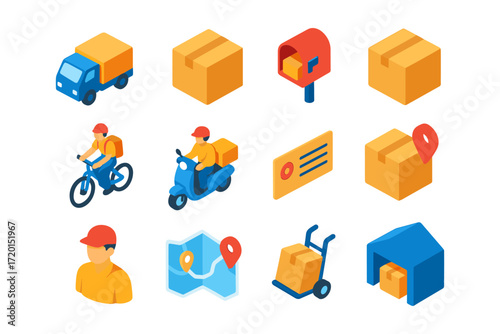 Isometric delivery icons set featuring boxes, vehicles, and courier symbols for logistics design