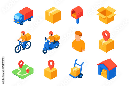 Isometric delivery icons set featuring transport, packaging, and logistics elements