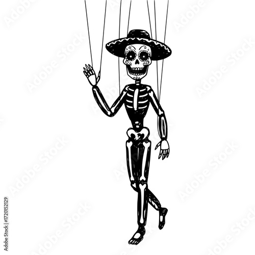 Skeleton puppet marionette waving while dressed in sombrero and traditional attire, concept of pencil drawing on the theme of the Day of the Dead, isolated vector image on a transparent background  