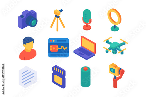 Colorful multimedia and photography equipment set in isometric design