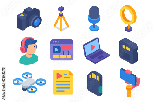 Isometric media equipment icons for podcast and video creation