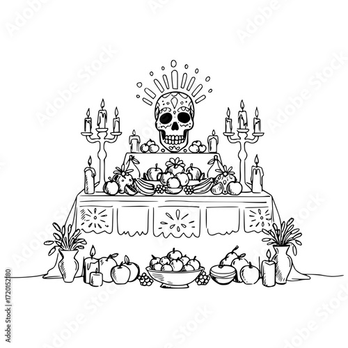 Decorative altar with skull and offerings for Day of the Dead, pencil drawing, isolated vector image on a transparent background   