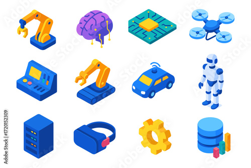 Isometric technology set with robots, drone, ai brain, and gadgets
