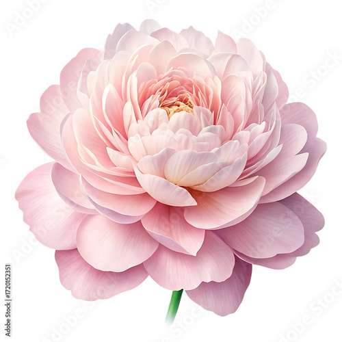 A large peony with layered pastel pink petals and a green stem isolated on a transparent background