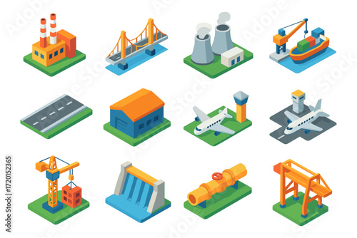 Isometric industrial and infrastructure icons: factories, bridges, and airports
