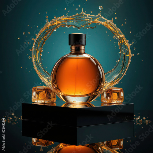 Luxurious amber perfume bottle with copper cap, dramatic water splash, golden reflections, ice accents, teal backdrop