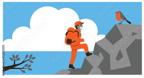 Hiker Ascending a Rock Cliff with a Red Robin Adventure and Nature in an Illustration
