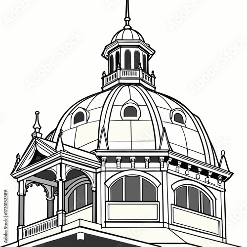 Vector art of detailed architectural line drawing of a dome structure, showcasing its intricate design and classical elements, the illustration captures the grandeur and elegance of the building