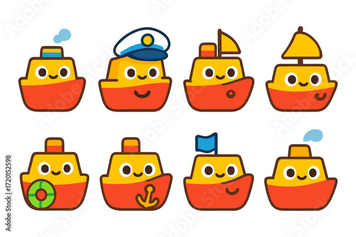 Cute cartoon boats with adorable faces and nautical accessories