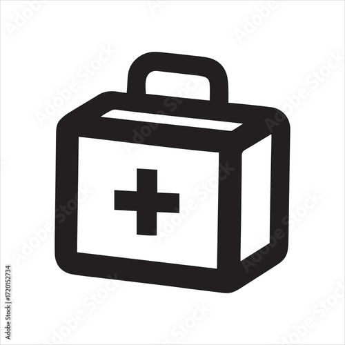 Simple black and white icon of a first aid kit with a red cross