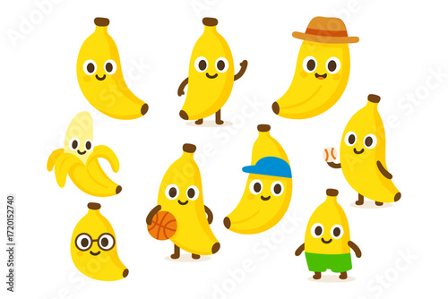 Cute cartoon bananas: fun characters with enthusiastic expressions and accessories