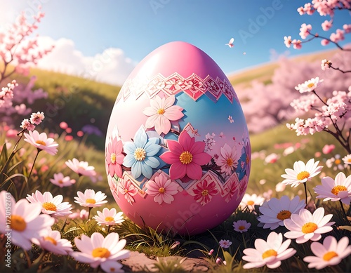 Pink Easter egg in a spring meadow with cherry blossoms