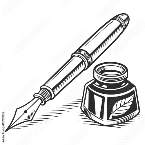 Vector art of elegant monochrome illustration of a fountain pen and inkwell, showcasing classic writing tools with intricate details and a vintage aesthetic