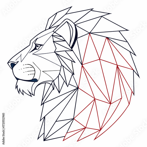 Vector art of geometric lion head illustration with a modern, polygonal design, featuring sharp lines and angles in black and red ideal for branding, logos, or contemporary art projects