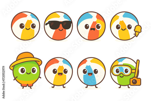 Adorable beach ball characters with cute expressions and summer accessories