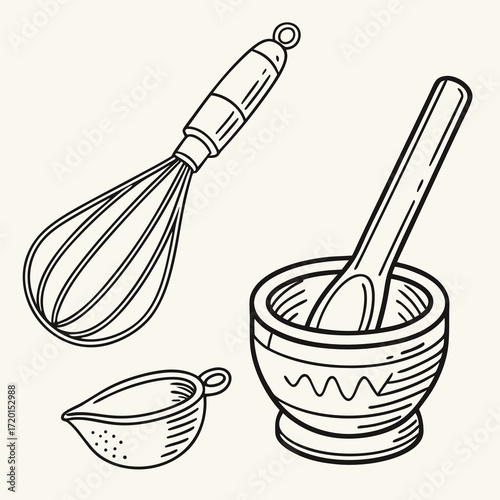 Vector art of hand drawn kitchen utensils, featuring a whisk, mortar and pestle, and gravy boat, perfect for culinary themes, cooking illustrations, and