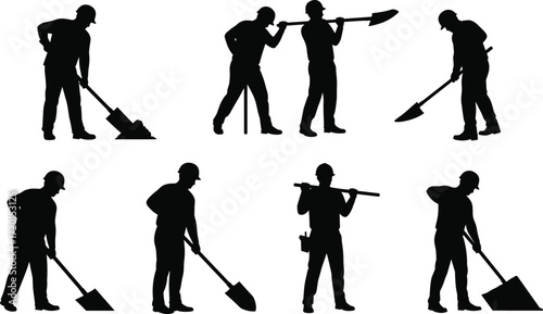 Construction worker silhouettes, shovel poses, manual labor art, hard hat design, industrial action illustration set