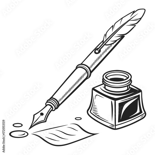 Vector art of monochrome illustration of inkwell and feather pen ink bottle, quill and paper sheet concept of writing, literature, poetry and calligraphy