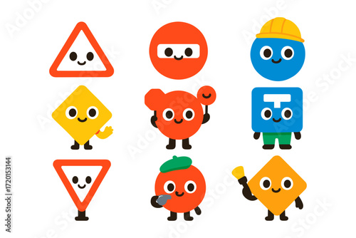 Cute geometric characters engaged in creative activities with cheerful expressions