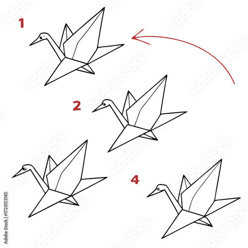 Vector art of illustration showing the final steps of folding an origami crane, this diagram demonstrates how to complete the traditional paper bird with numbered instructions