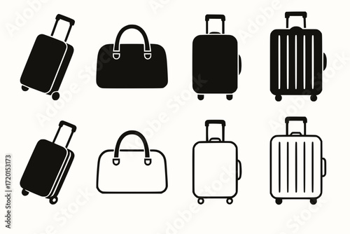 Minimal Vector Silhouettes of Travel Luggage in Black and Line Art Styles