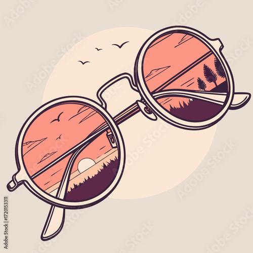 Vector art of sunglasses reflecting a picturesque sunset scene with birds flying above trees, creating a serene and dreamy atmosphere, the warm colors and idyllic setting evoke a sense of wanderlust