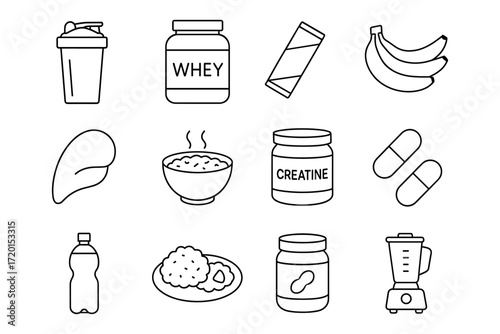 Fitness supplement icons: protein, creatine, and healthy food outlined in linear style