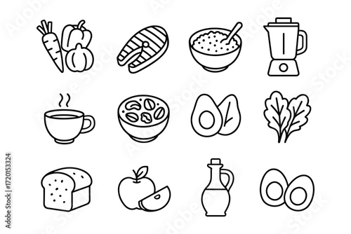 Healthy food icons: minimalist line art set featuring fruits, vegetables, and kitchen utensils