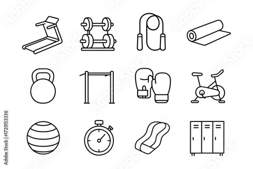 Minimalist gym equipment icons set: fitness, exercise, training essentials