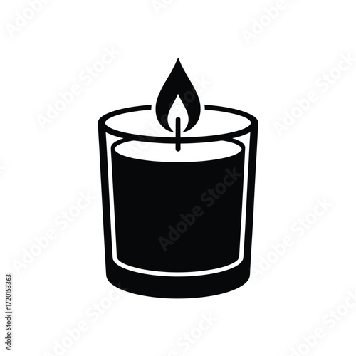 Simple black and white icon of a lit candle in a glass holder
