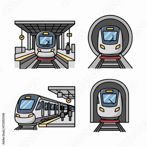 Modern Rail Transport Trains, Stations, and Tunnels in a Vibrant Cartoon Style