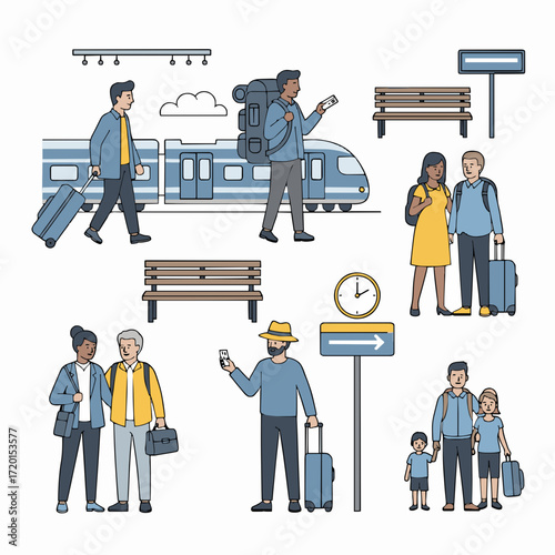 Travelers waiting for their train at a station with luggage and luggage carriers and a train on the tracks, illustration of people traveling