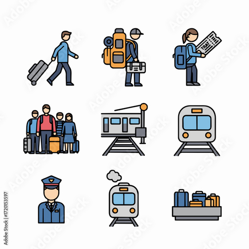 A vibrant collection of flat line icons illustrating the complete train travel experience, from passengers and luggage to railway transport