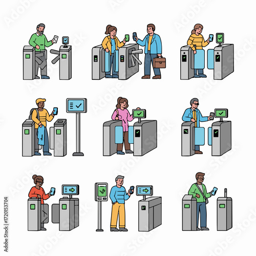 People Using Mobile Devices to Access Turnstiles A Modern Transportation and Security Concept