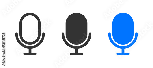 Microphone icons representing audio recording, voice communication, podcasting, broadcasting, music, and media technology in three different color variations