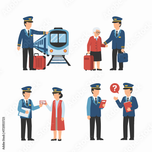Train Travel Characters in Railway Setting Vector Illustration