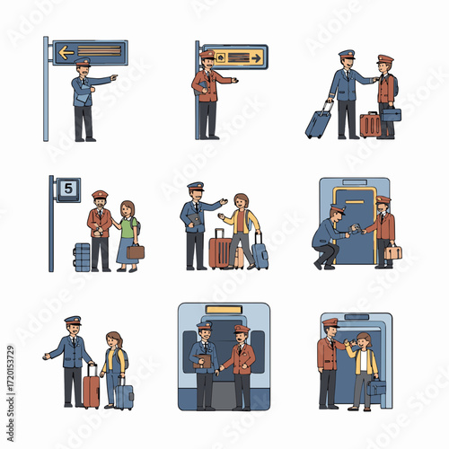 Pixel Art Scenes of Transportation Staff Assisting Travelers with Luggage and Directions