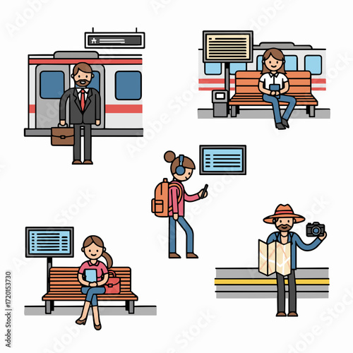 A collection of diverse cartoon characters, including commuters and travelers, waiting at a public transportation hub like a train or subway station