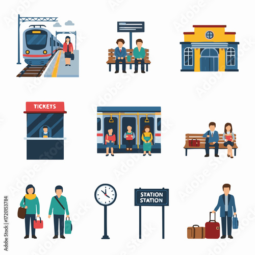 Train Station Icons Transportation, Travel, Railway, Passengers, Commute