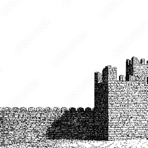 Detailed black and white drawing of a medieval castle wall architecture and fortification illustration art