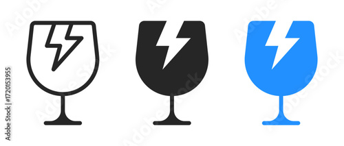 Fragile glass icons with crack symbol representing breakable materials, product safety, caution handling, shipping care, and packaging warning in three variations