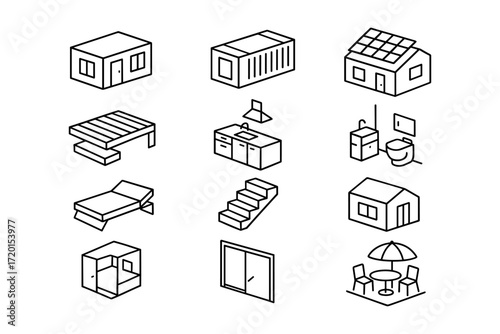 Isometric icons of sustainable housing and modern home interiors