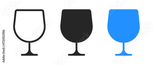Wine glass icons representing drinkware, alcohol, beverage, dining, hospitality, celebration, bar service, and restaurant concepts in three variations