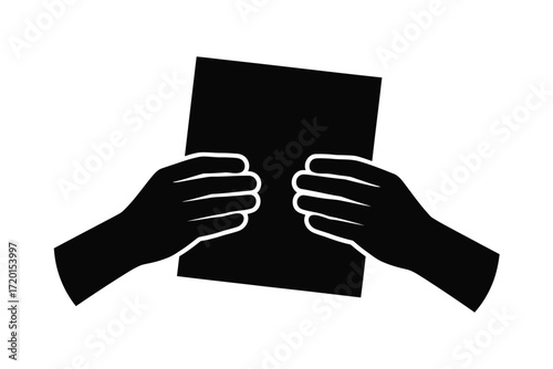 Hands holding a black document or book