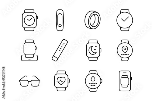 Minimalist wearable technology icons: smart watches, fitness bands, and accessories