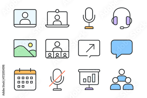 Colorful online conference icons for remote communication and virtual meetings