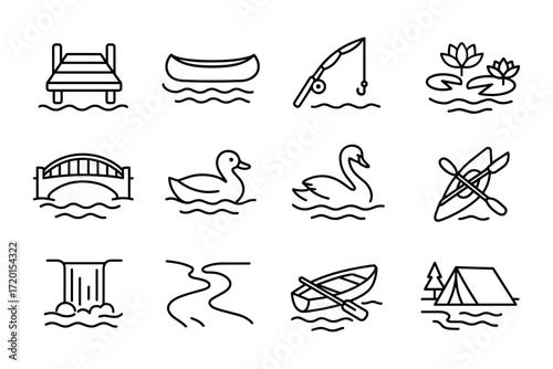 Outdoor line art icons: camping, boating, fishing, nature, and leisure activities