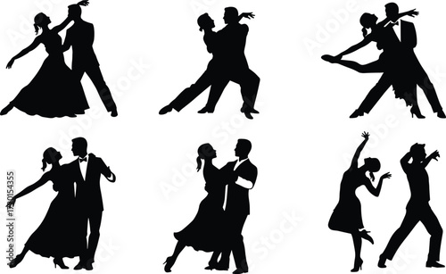 Dancing couple silhouettes, elegant poses, formal attire, ballroom movement art, romantic dance illustration set, graceful design