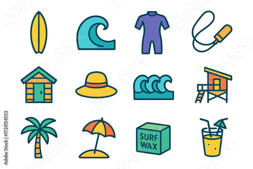 Colorful beach and surfing icons set featuring waves, surfboard, beachwear, and more