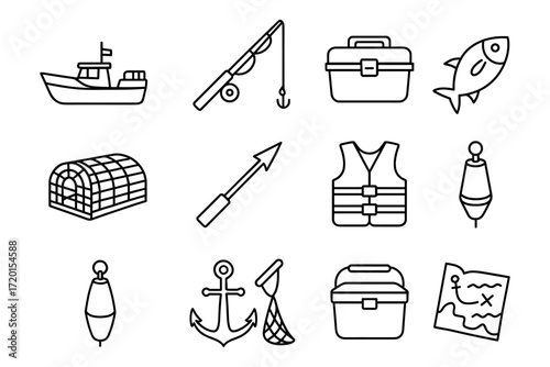 Outline fishing equipment set: icons of boats, rods, and gear for mariners